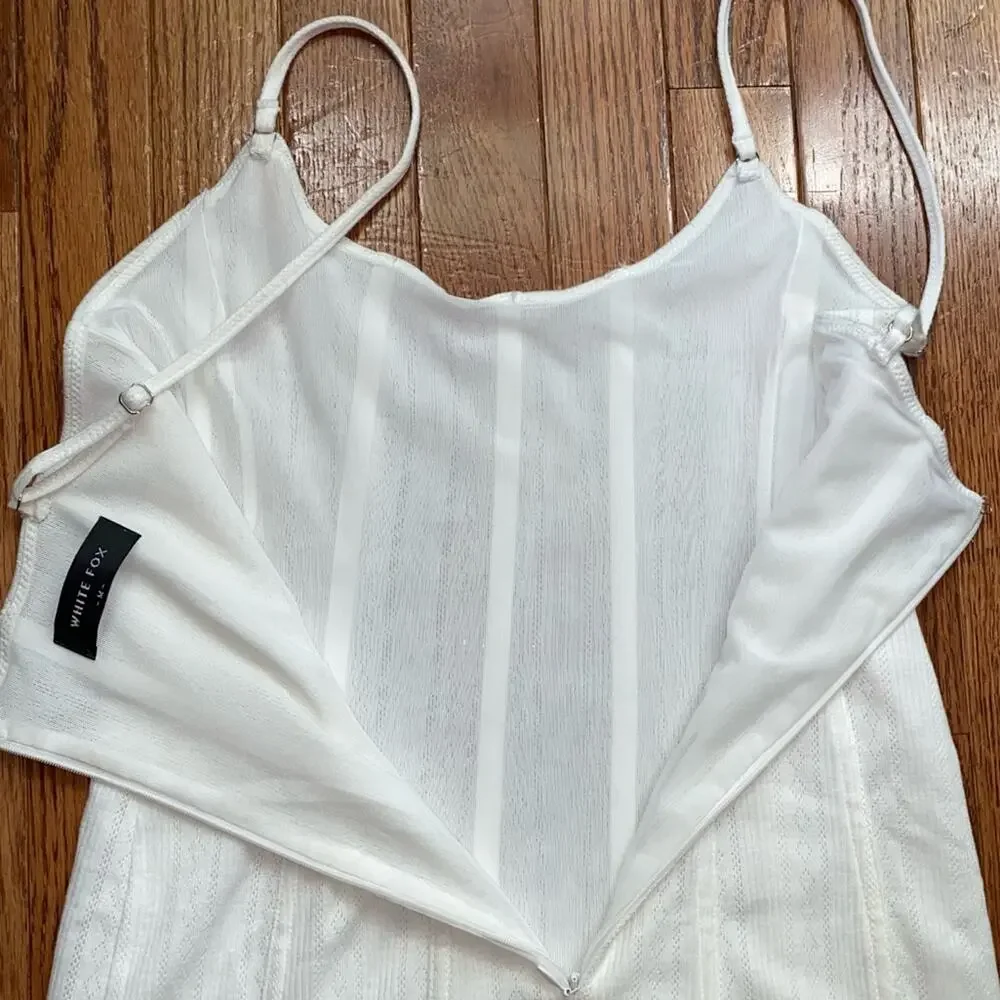 White Fox Boutique $79 Ain’t Safe White Cotton Pointelle Mini Dress White M EUC